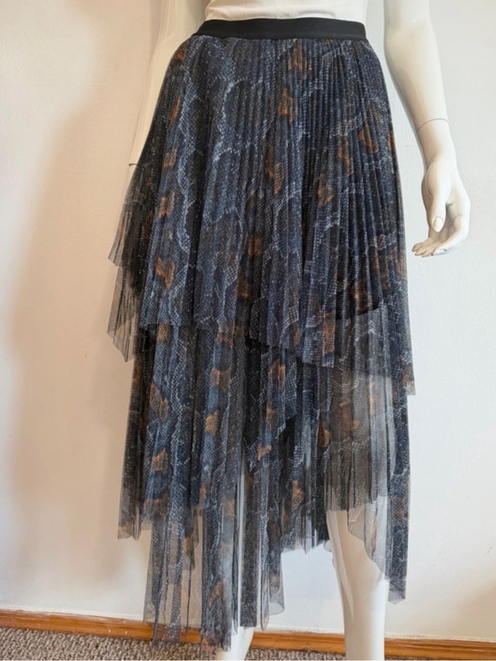 All Saints Black and Brown Layered Pleated High-Low Skirt